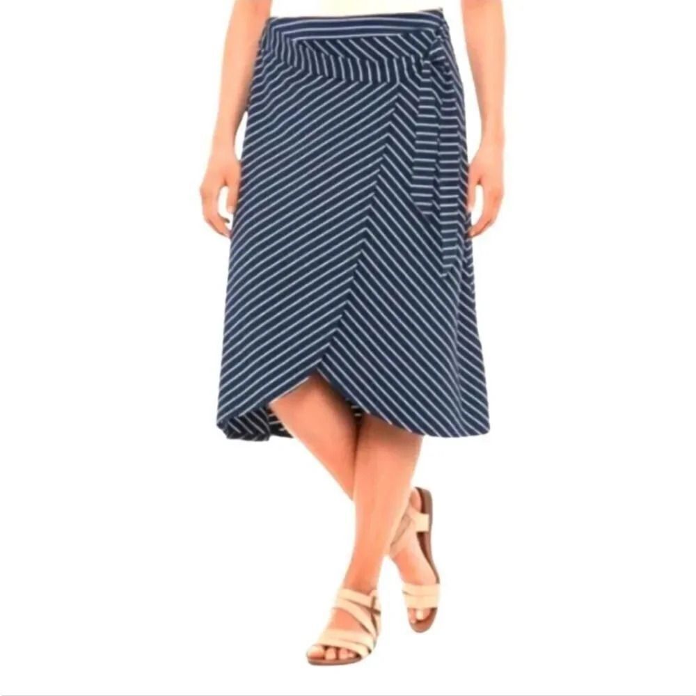 Adrienne Vittadini Striped Soft Jersey Knit Faux Wrap Skirt in Navy/White Size S